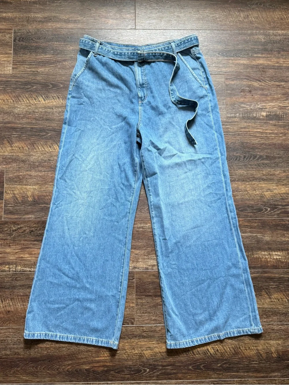 LOFT - Belted Light Blue Denim The Palazzo Wide Leg Flare Size 31 /12 - Picture 2 of 8